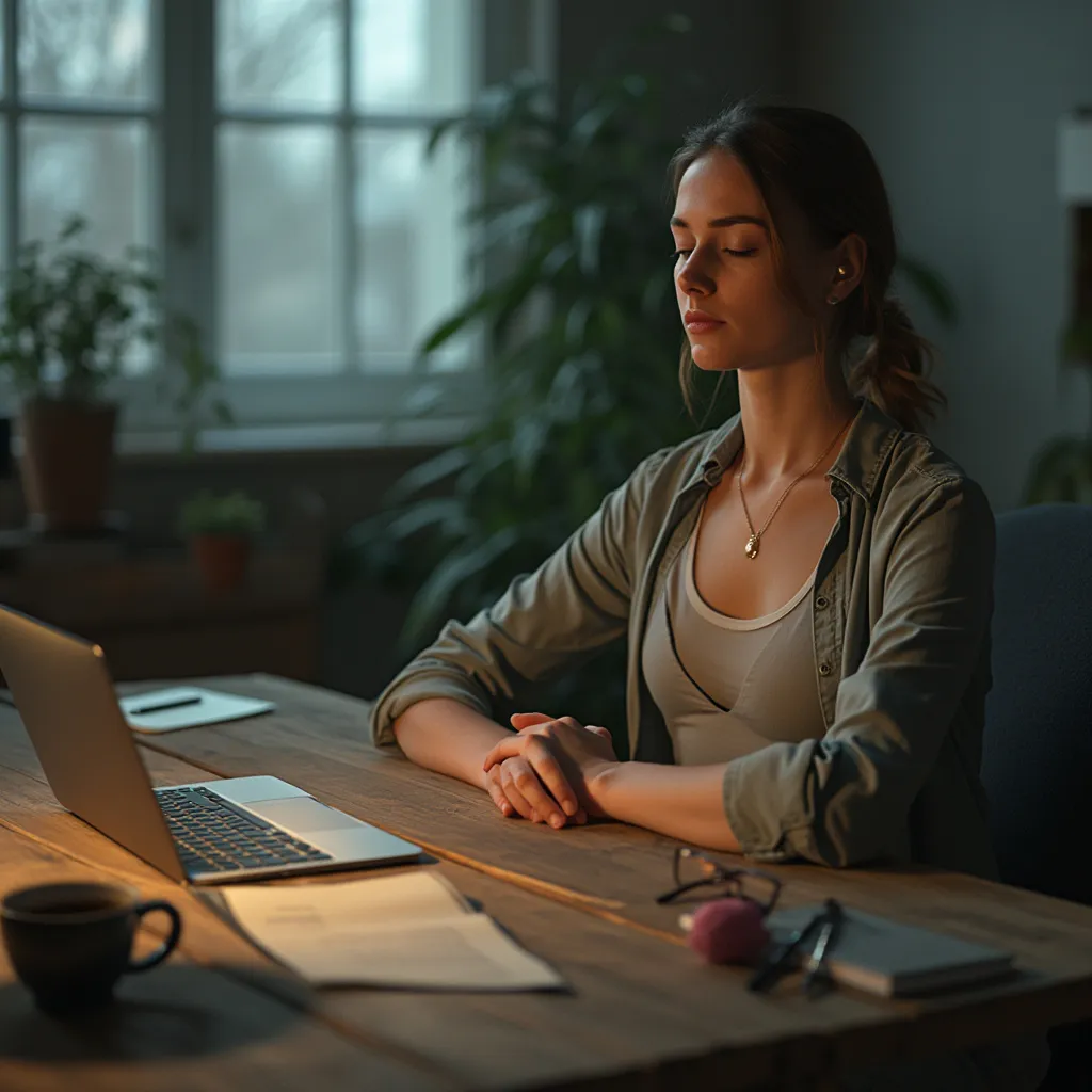Persona sonriendo y relajada en un entorno de trabajo saludable y equilibrado